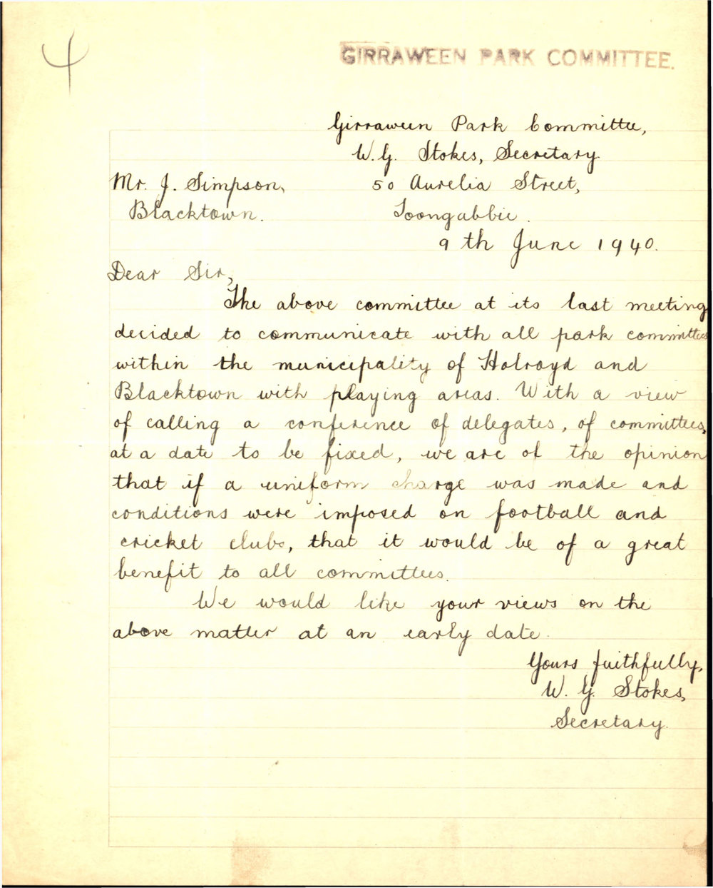 Letter from W G Stokes to James Simpson, June 1940