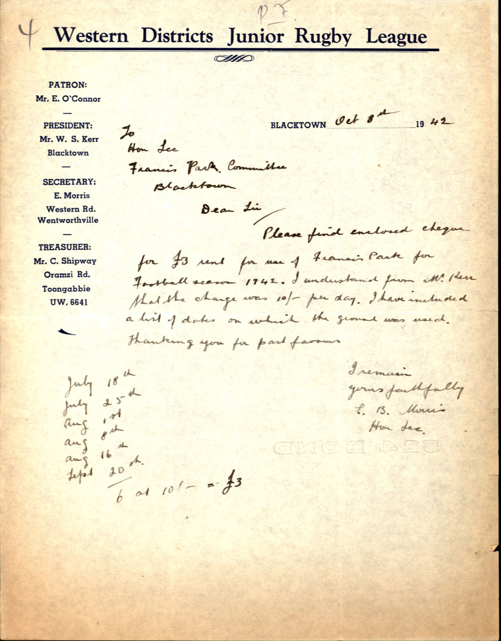 Letter from Western Districts Junior Rugby League, 1942