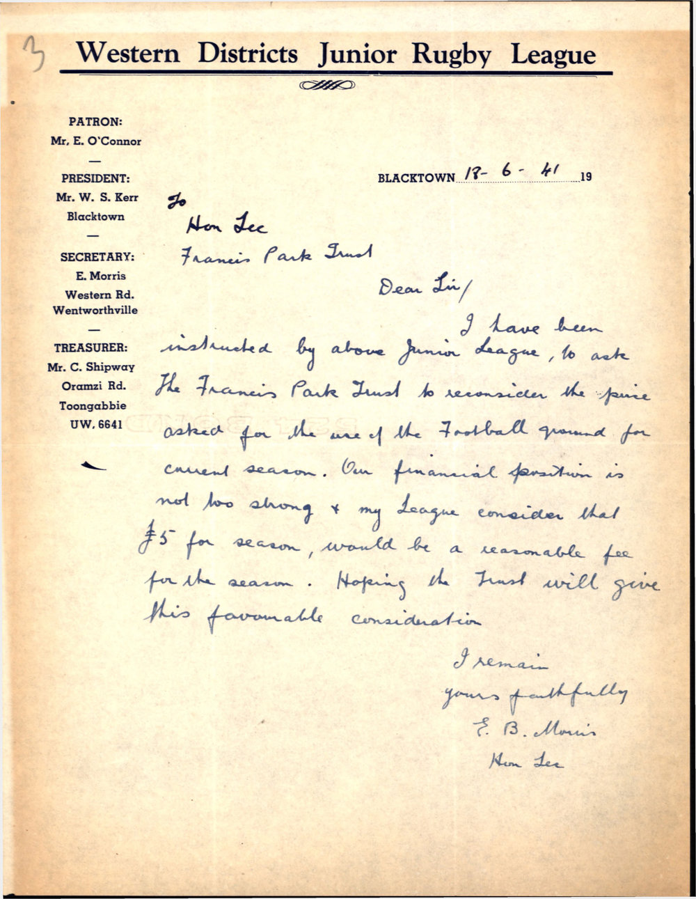 Letter from Western Districts Junior Rugby League, June 1941