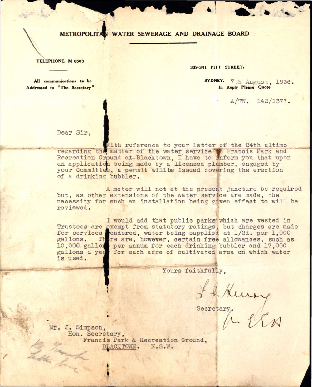 Letter from Metropolitan Water Sewerage and Drainage Board, 1936