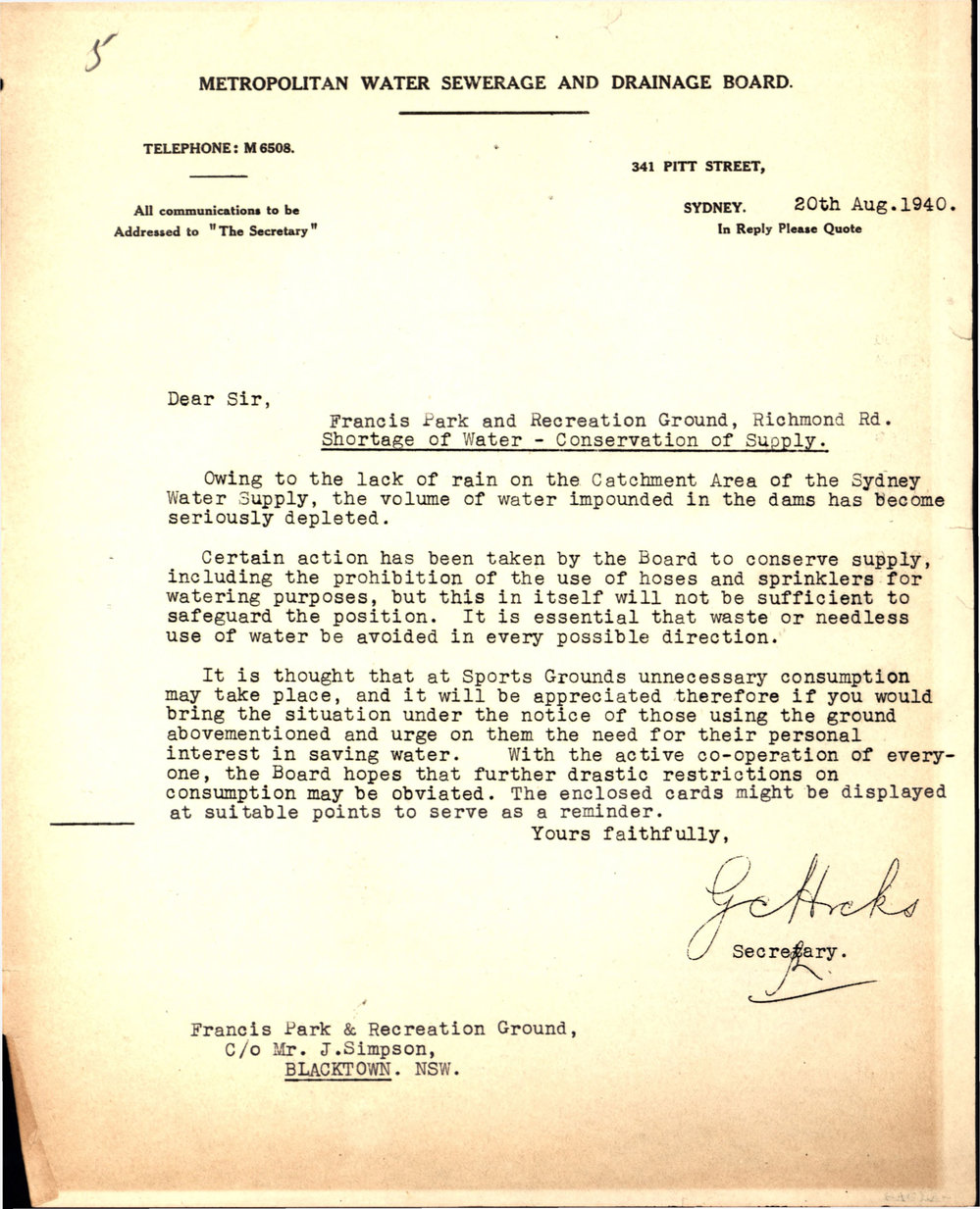 Letter from Metropolitan Water Sewerage and Drainage Board, 1940