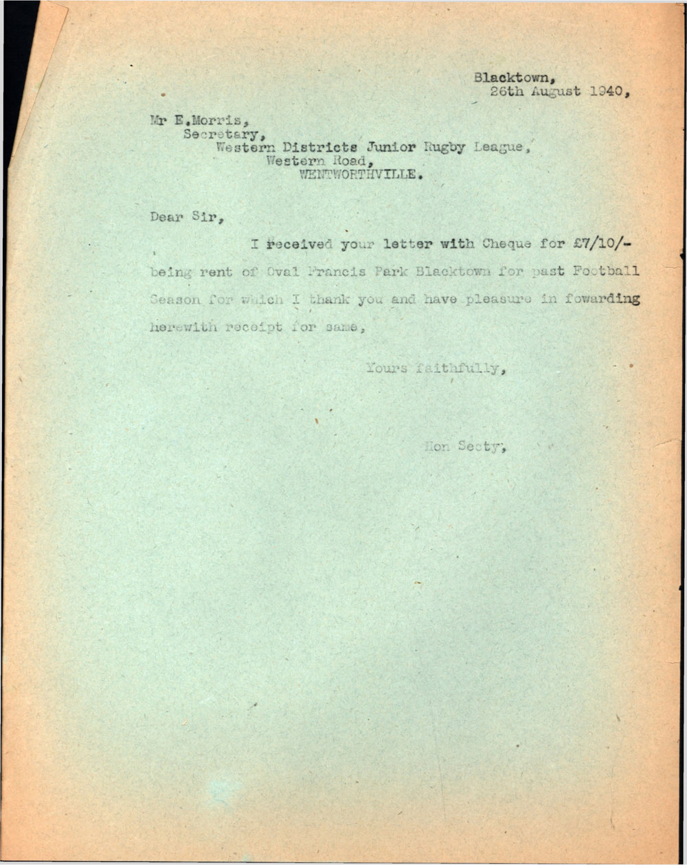 Letter from James Simpson to E Morris, 1940