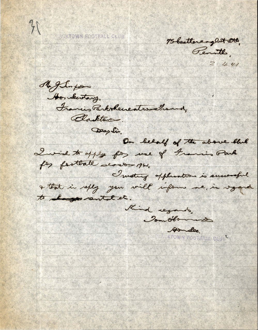 Blacktown Football Club - Request to Use Francis Park, 1941