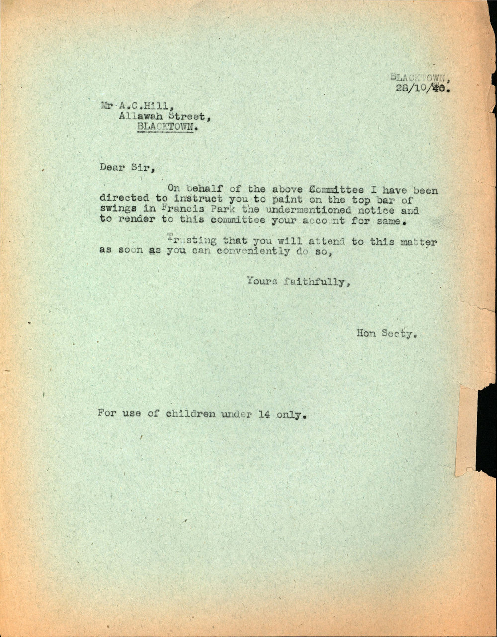 Painting of Sign on Swings, Francis Park, 1940