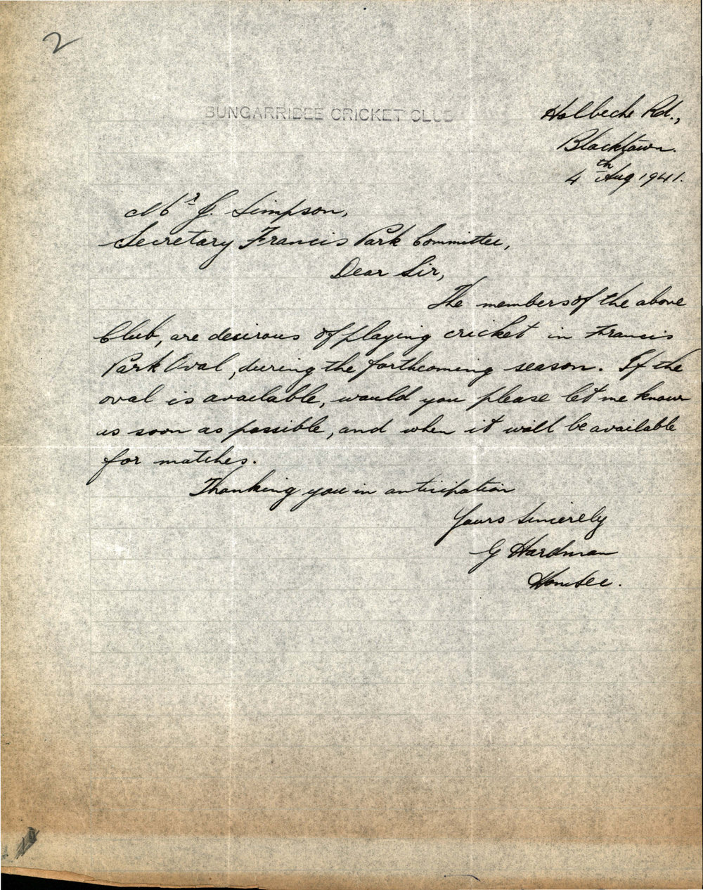 Letter from G Hardman to James Simpson, July 1941
