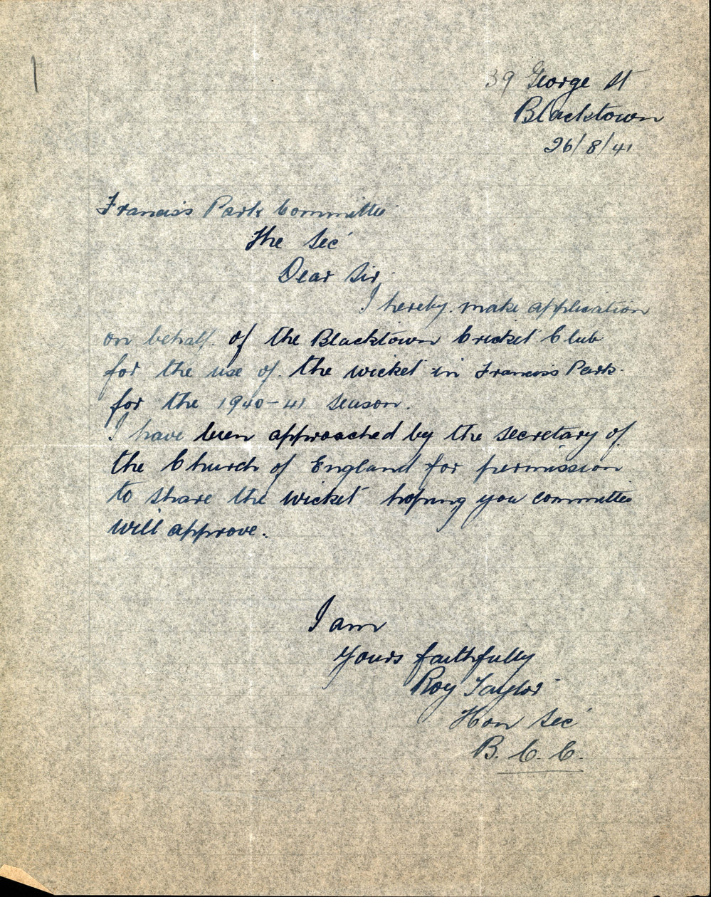 Letter from Roy Taylor to James Simpson, 1941