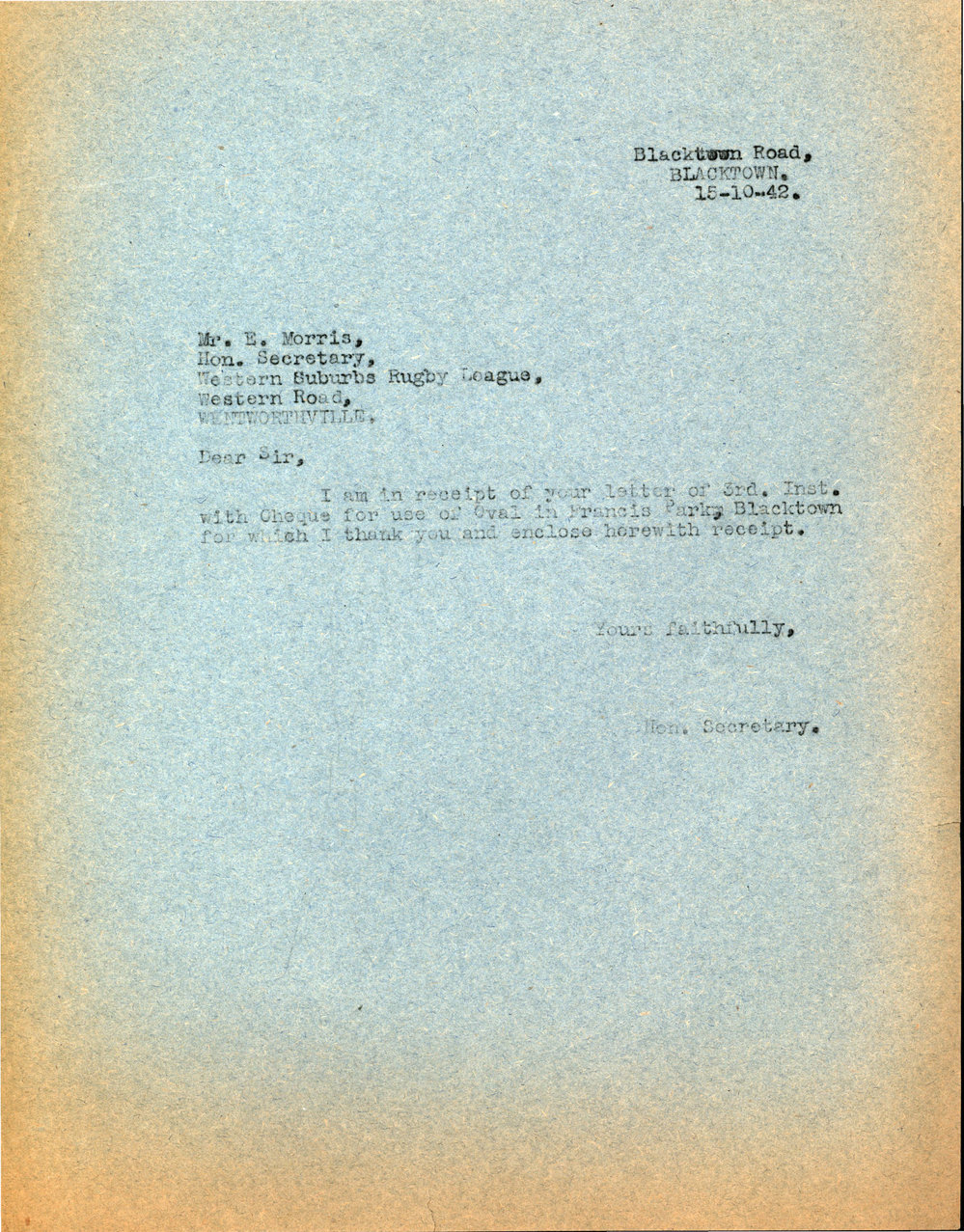 Letter from James Simpson to E Morris,m 1942