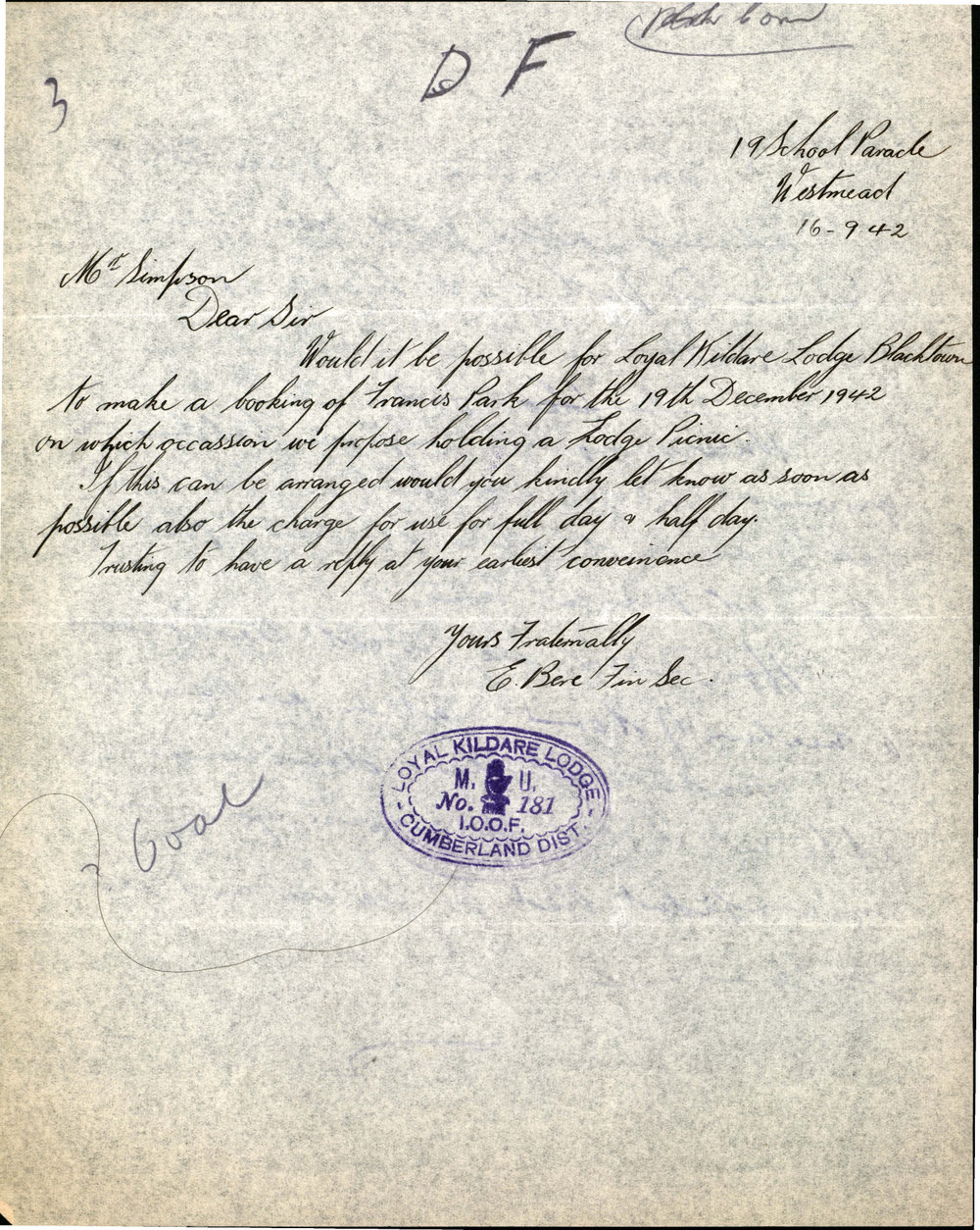 Letter from Loyal Kildare Lodge to James Simpson, 1942