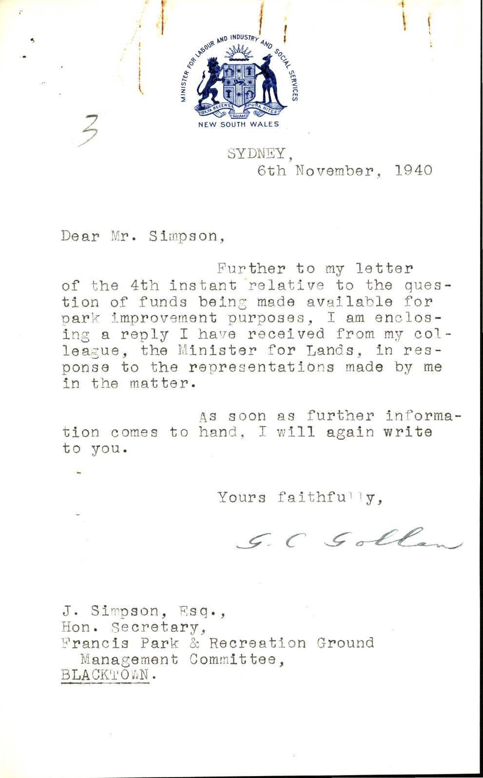 Letter from George Charles Gollan MLA to James Simpson, Nov 1940