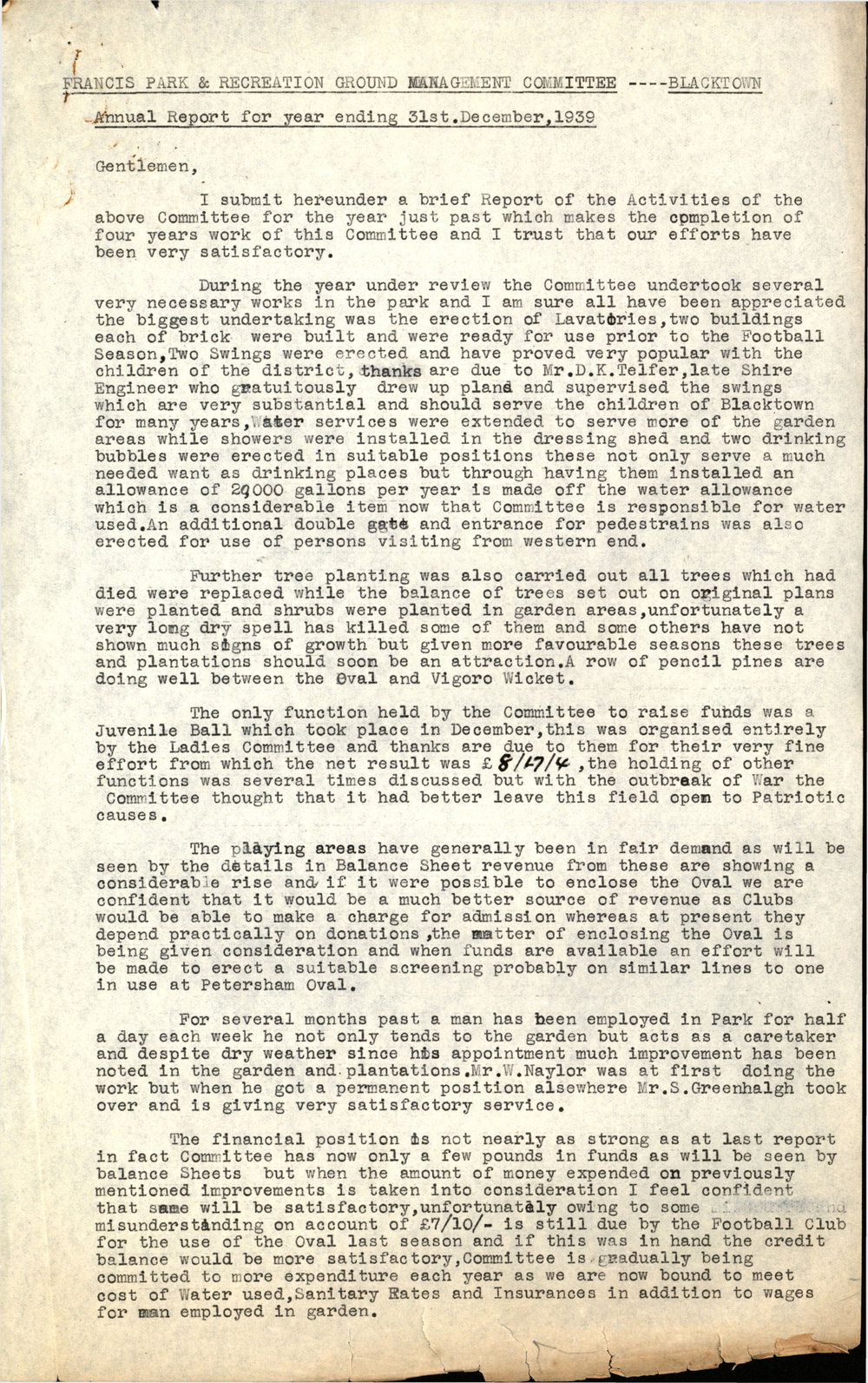 Francis Park &amp; Recreation Ground Management Committee Blacktown, Annual Report, 1939