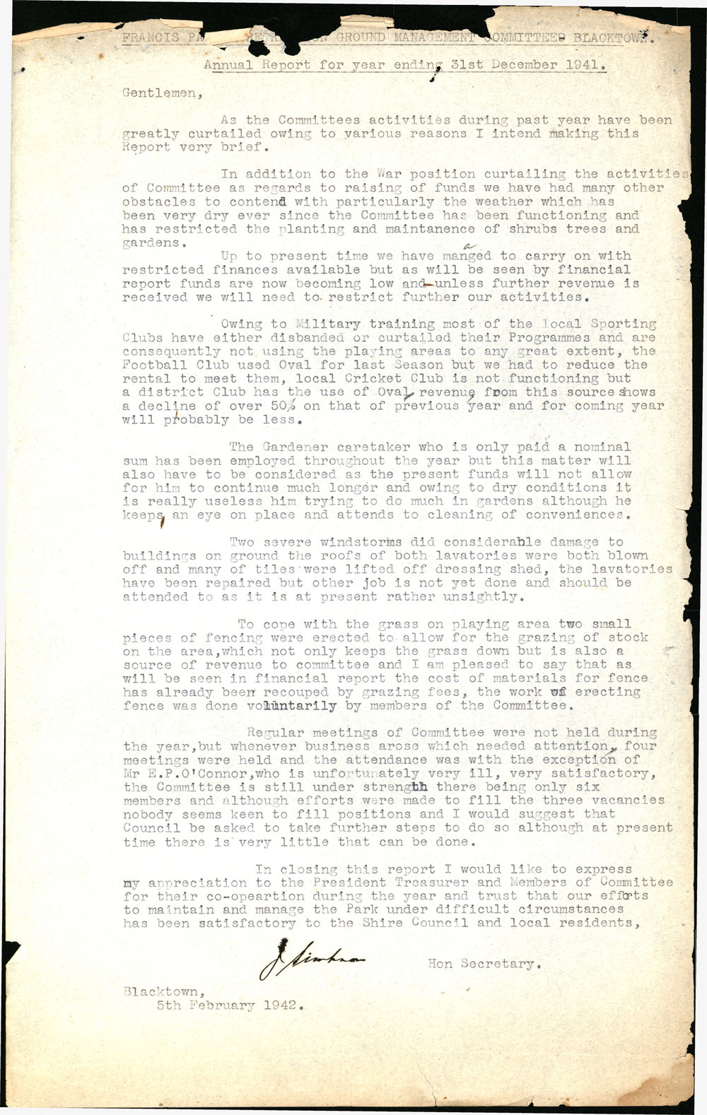 Francis Park &amp; Recreation Ground Management Committee Blacktown, Annual Report, 1941
