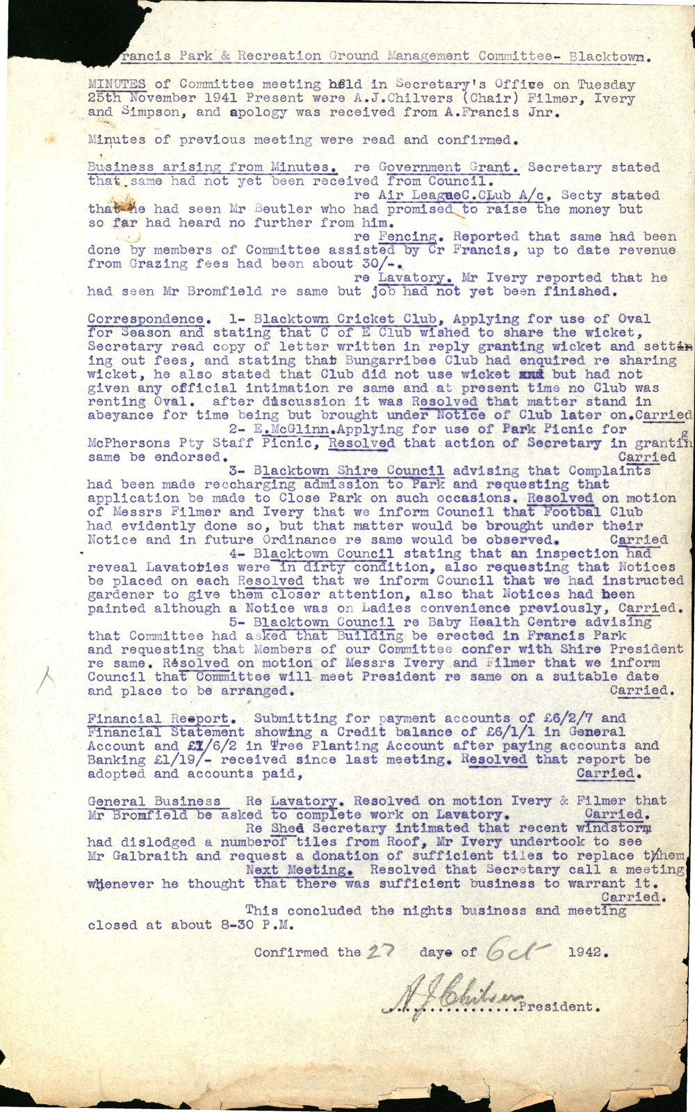 Minutes of the Francis Park &amp; Recreation Ground Management Committee Blacktown, November 1941