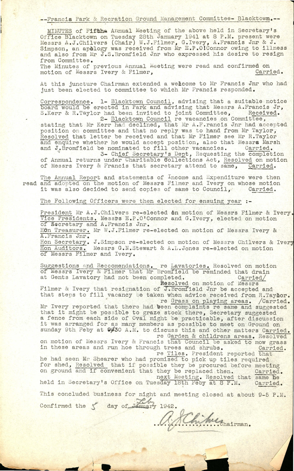 Minutes of the Fifth Annual General Meeting of the Francis Park &amp; Recreation Ground Management Committee, 1941