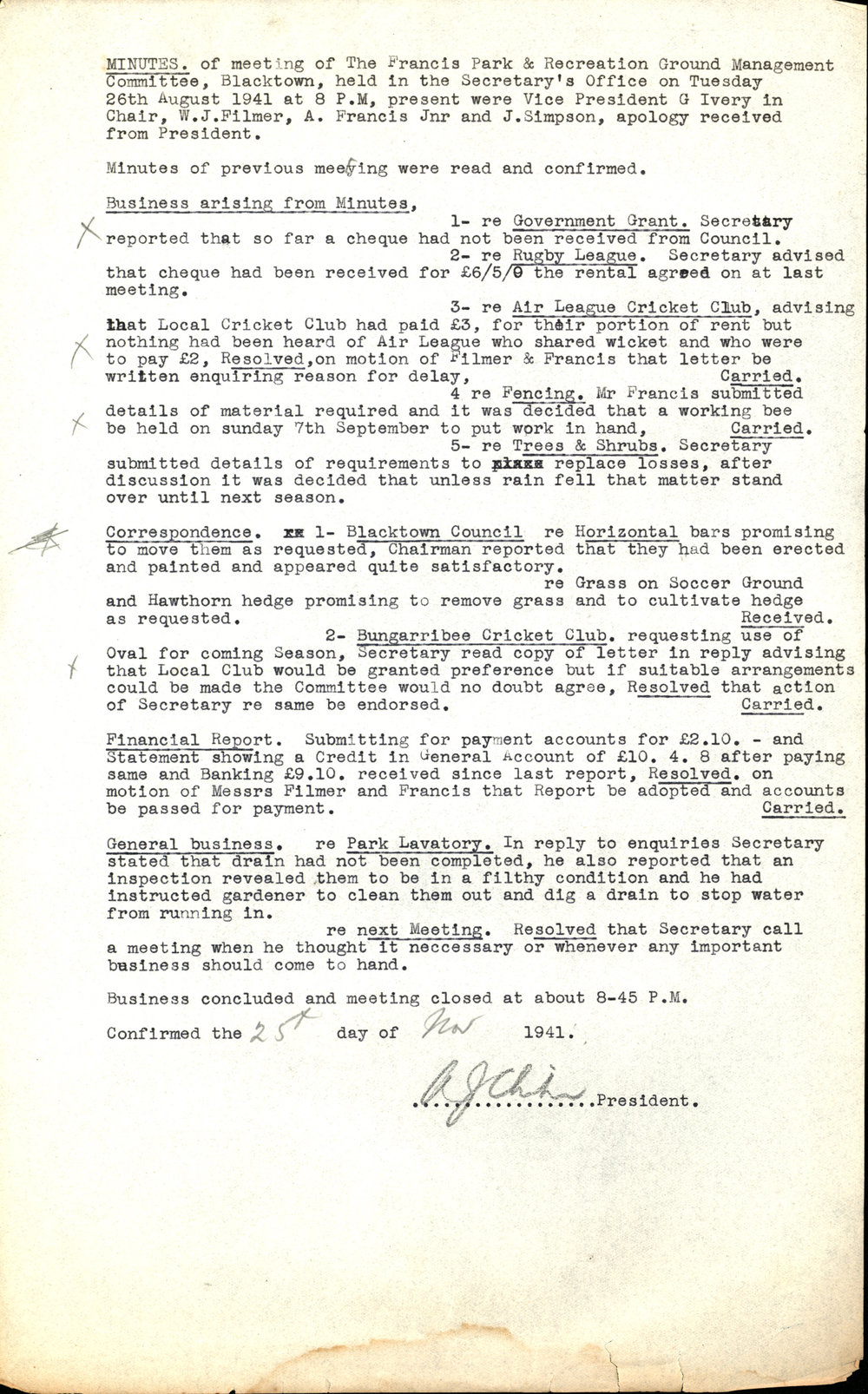 Minutes of the Francis Park &amp; Recreation Ground Management Committee Blacktown, August 1941