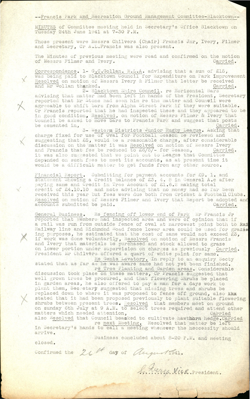 Minutes of the Francis Park &amp; Recreation Ground Management Committee Blacktown, June 1941