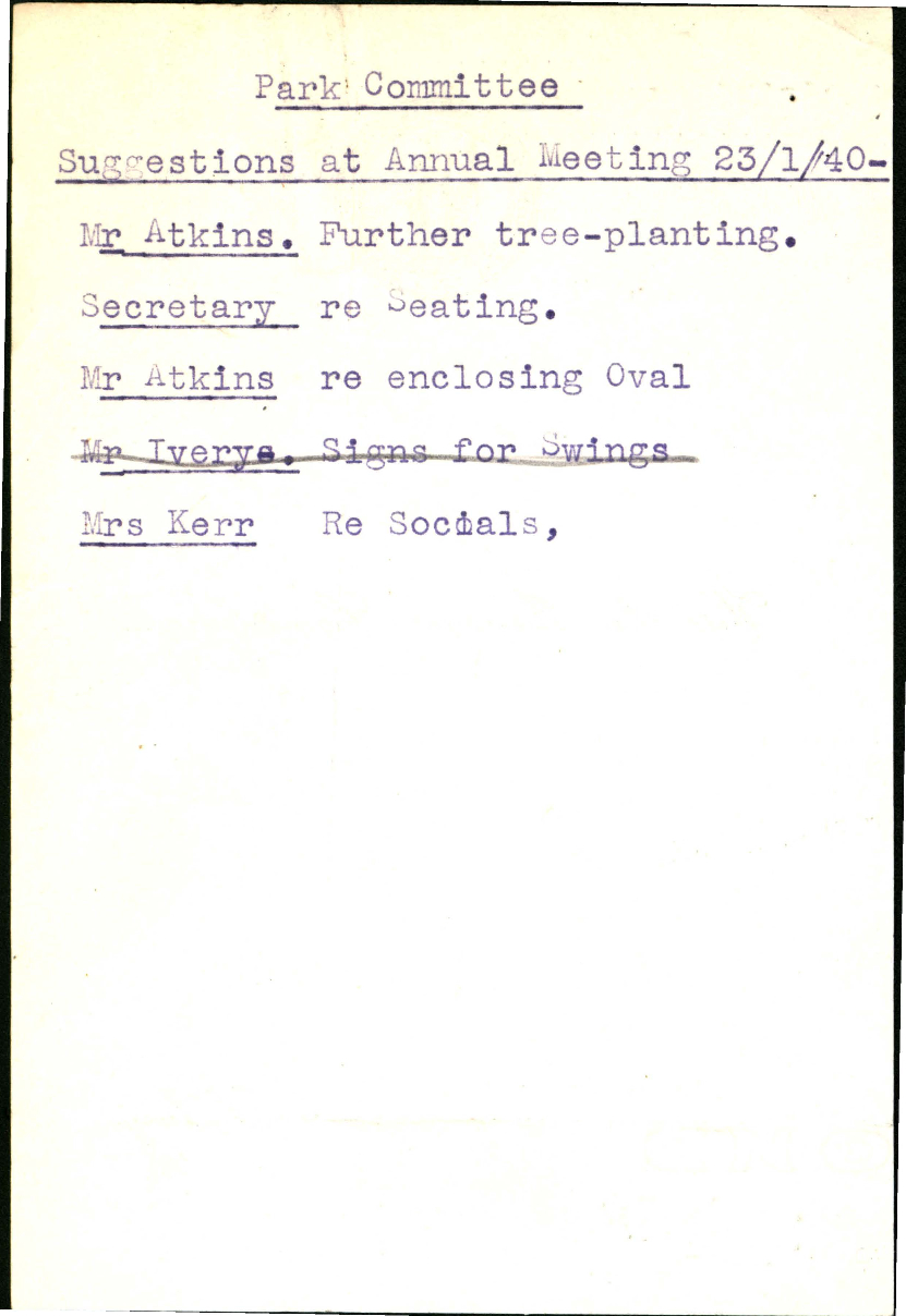 Suggestions, Francis Park &amp; Recreation Ground Management Committee, Annual Meeting, 1940