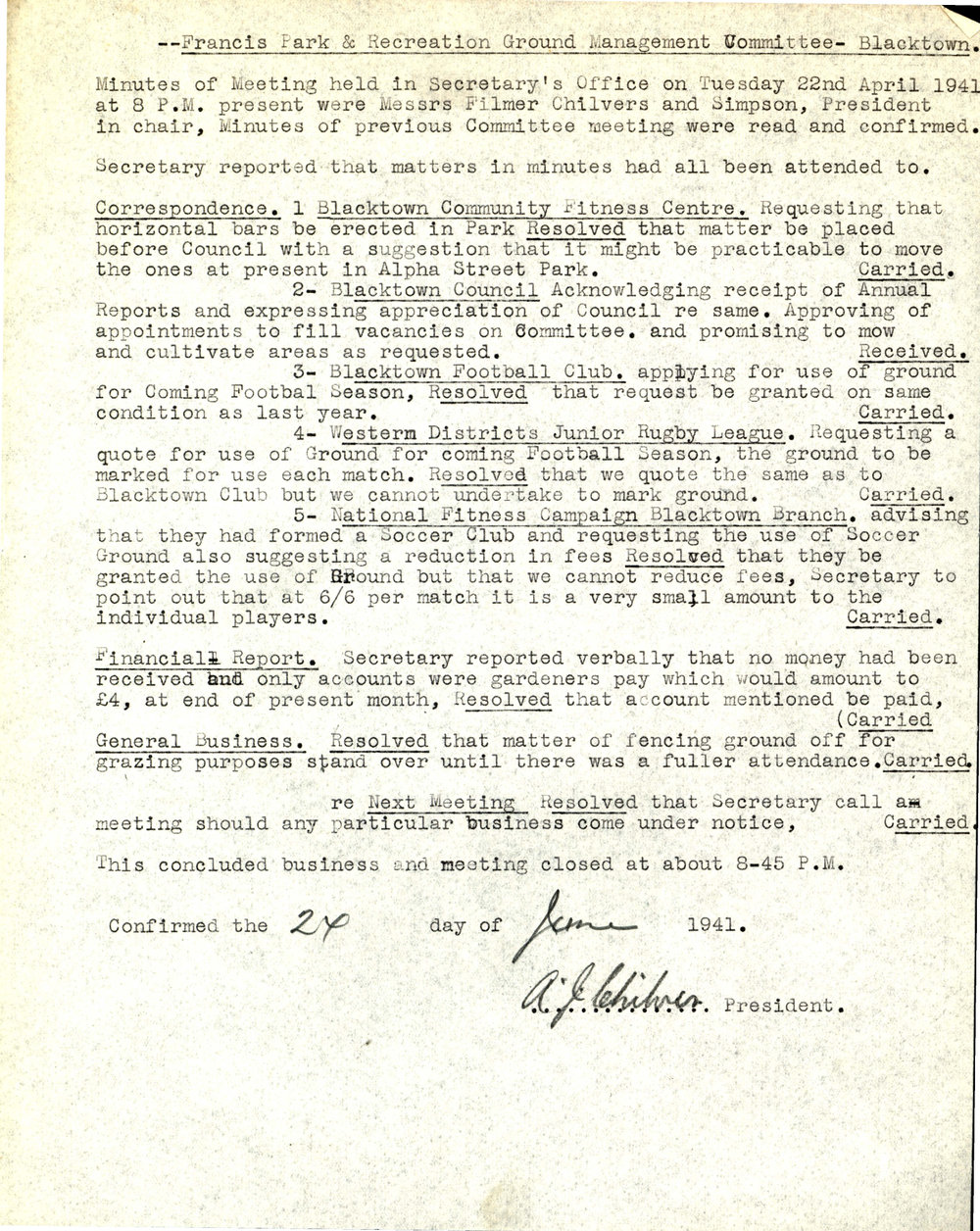 Minutes of the Francis Park &amp; Recreation Ground Management Committee, April 1941