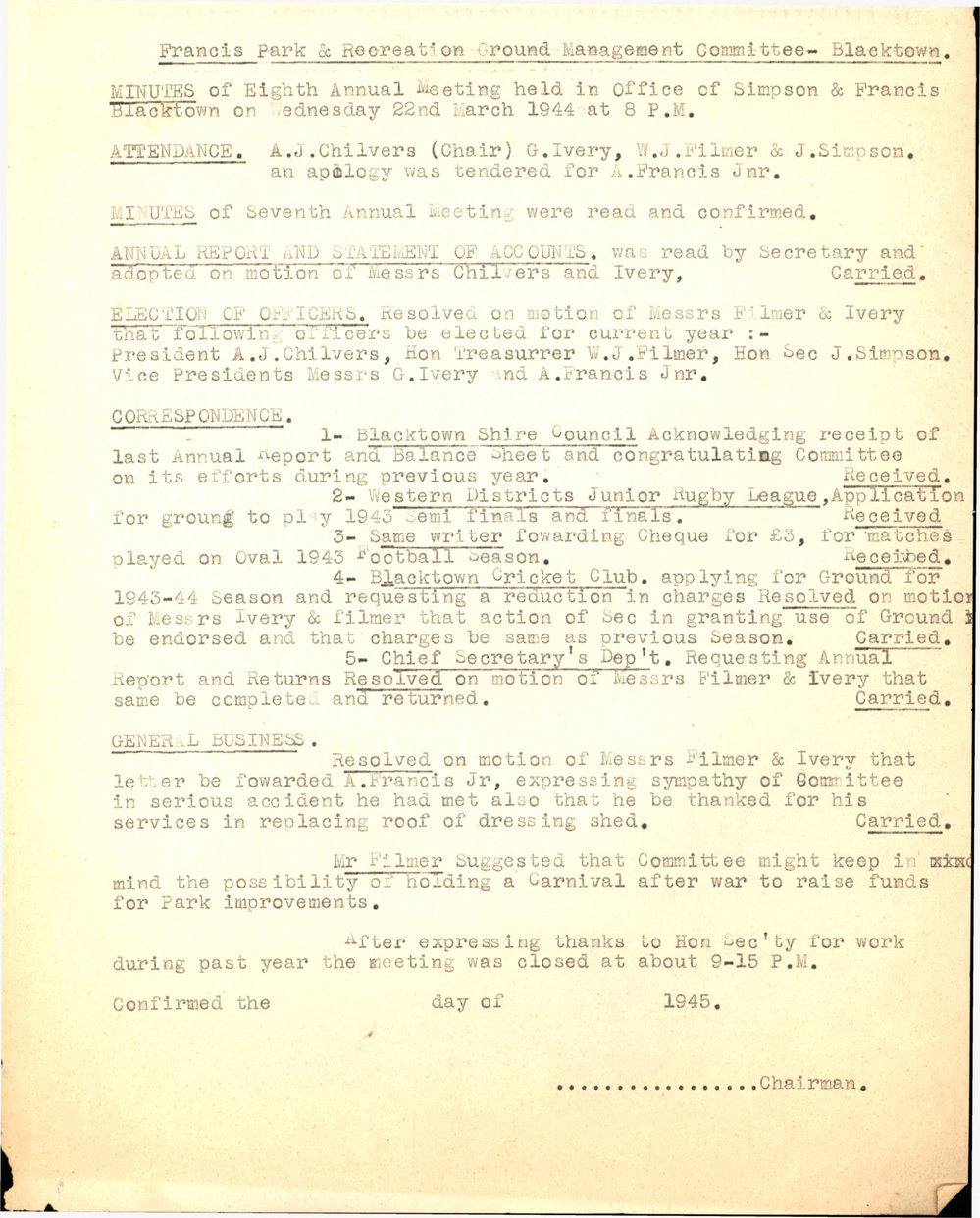 Minutes of the 6th Annual General Meeting of the Francis Park &amp; Recreation Ground Management Committee, 1944