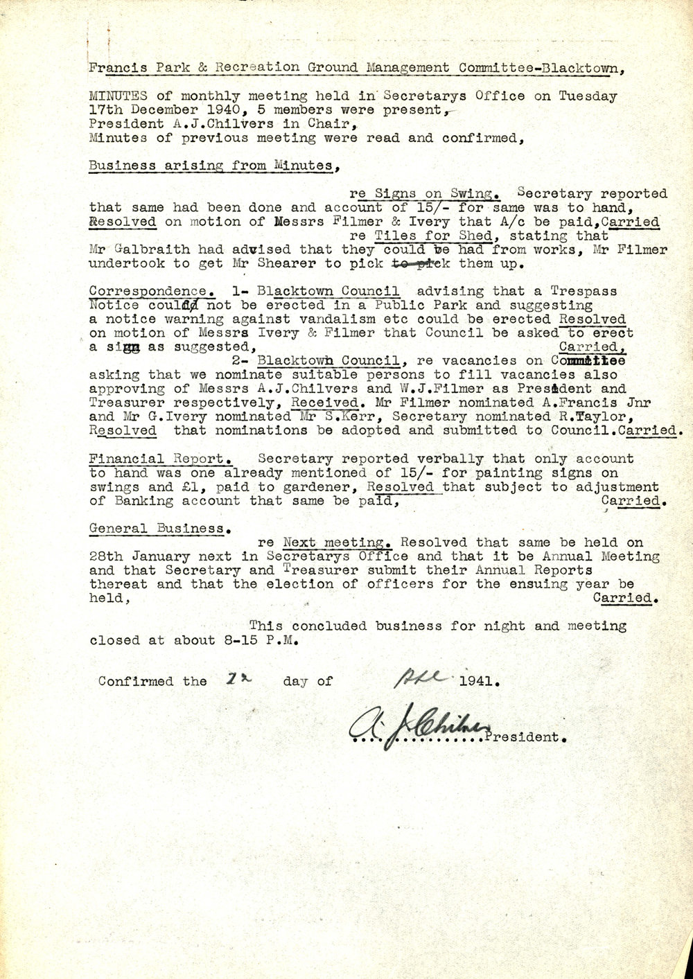 Francis Park &amp; Recreation Ground Management Committee Blacktown, December 1940