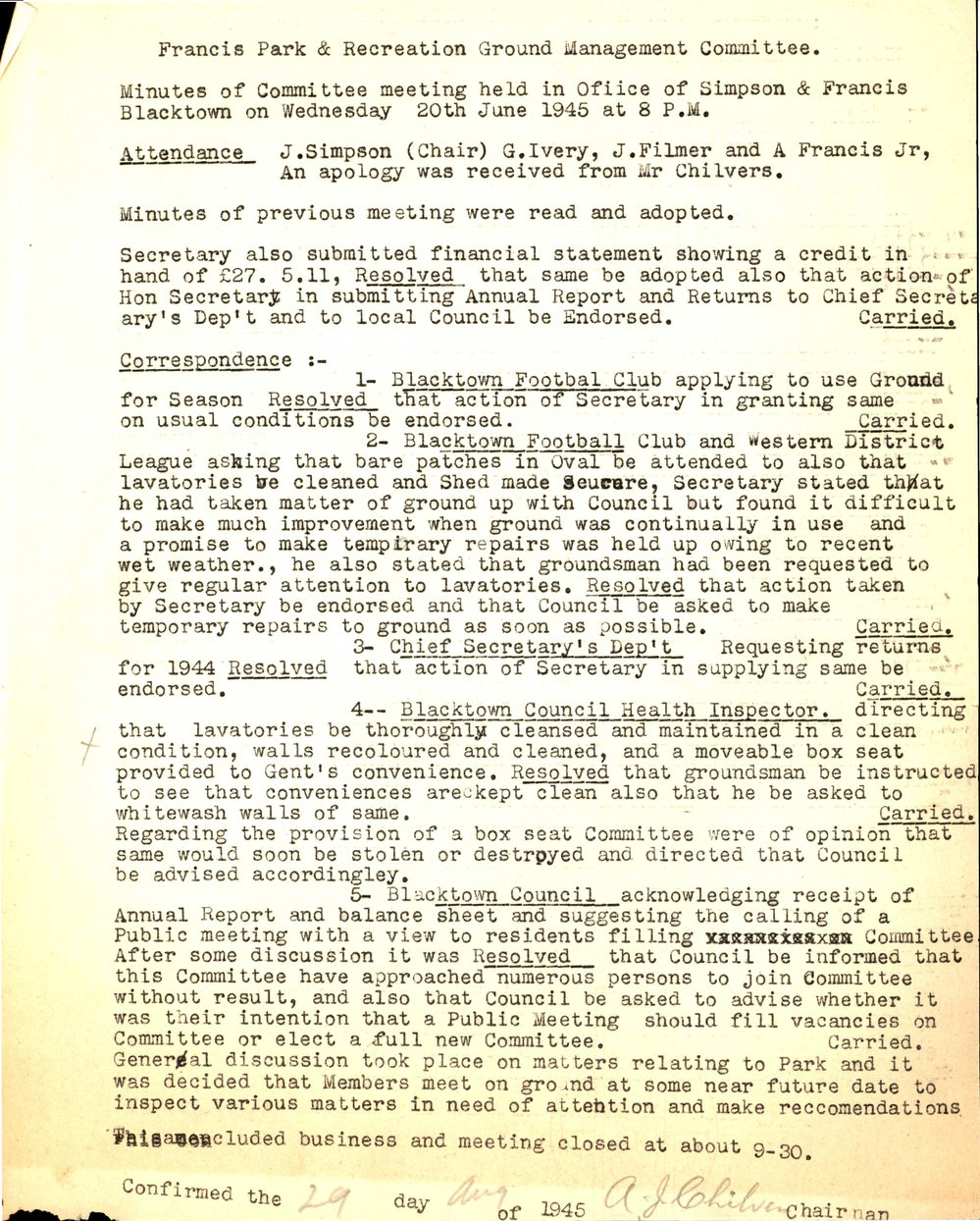 Minutes of the Francis Park &amp; Recreation Ground Management Committee, June 1945