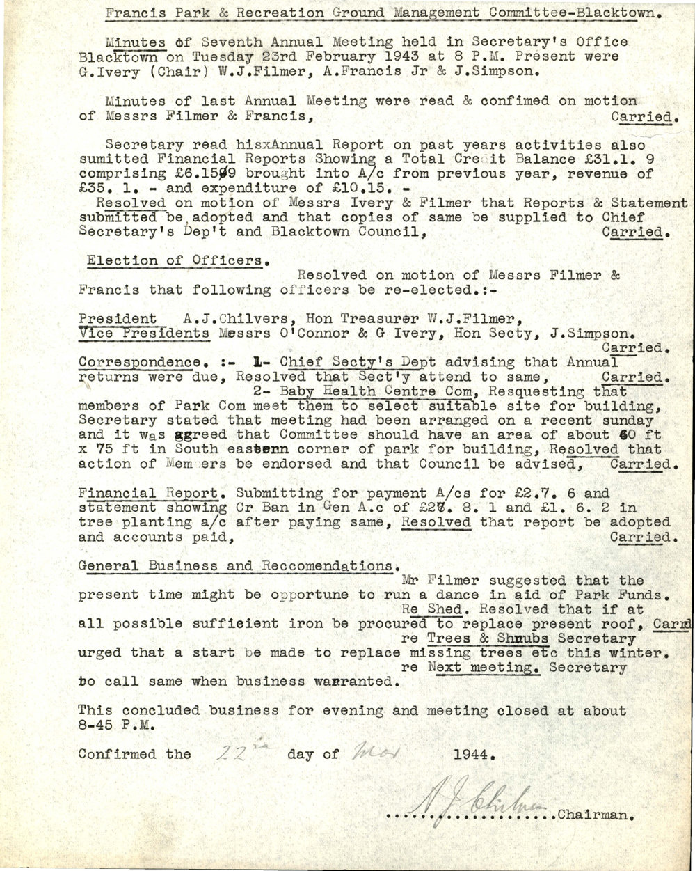 Minutes of the Seventh Annual General Meeting of the Francis Park &amp; Recreation Ground Management Committee, 1943