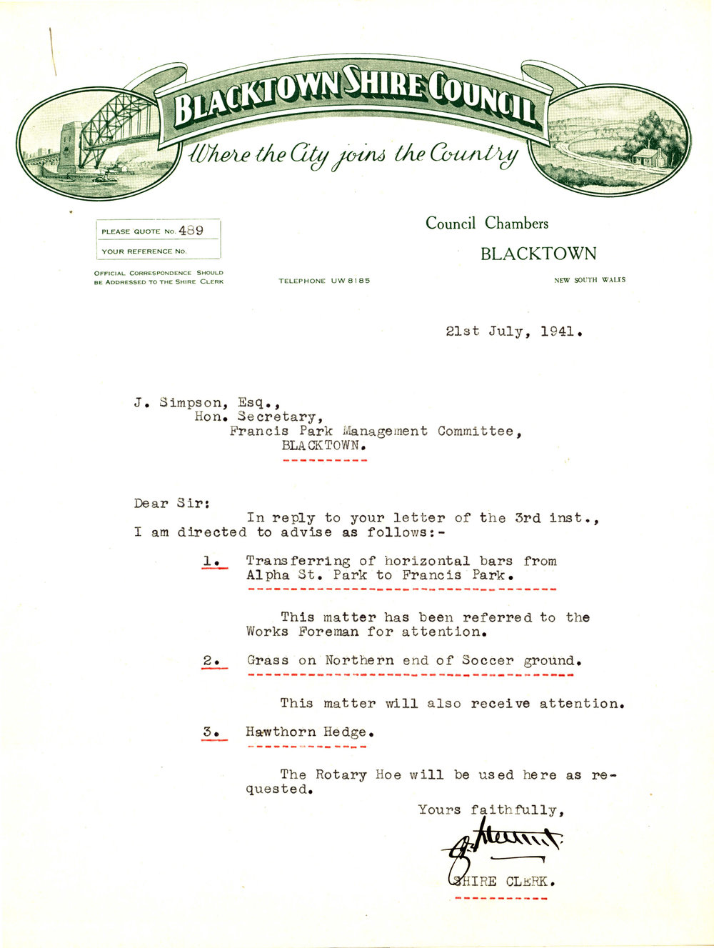 Letter from George Nixon Stewart to James Simpson, 21 July 1941