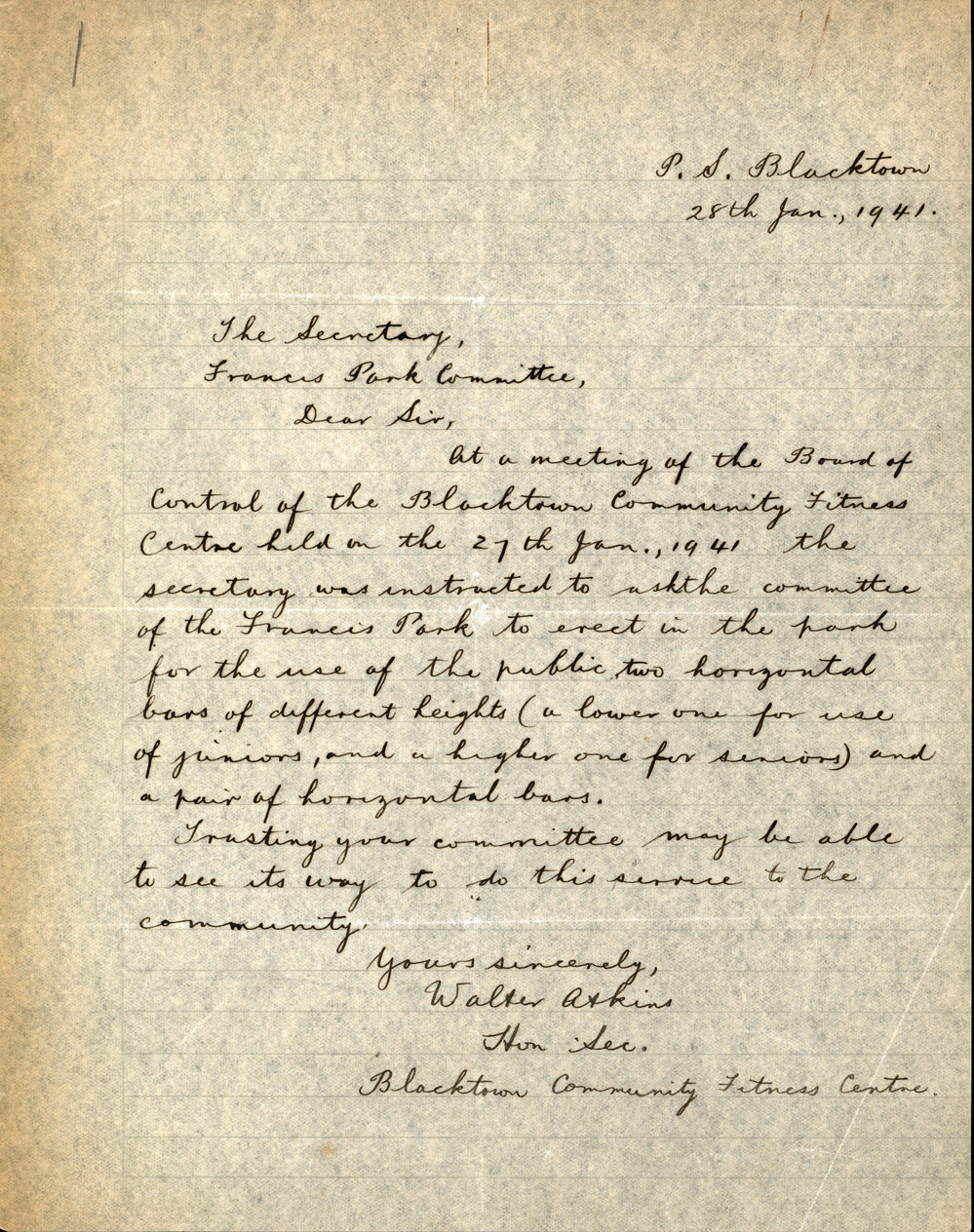 Letter from Walter Atkins to Secretary Francis Park Committee, 28 January 1941