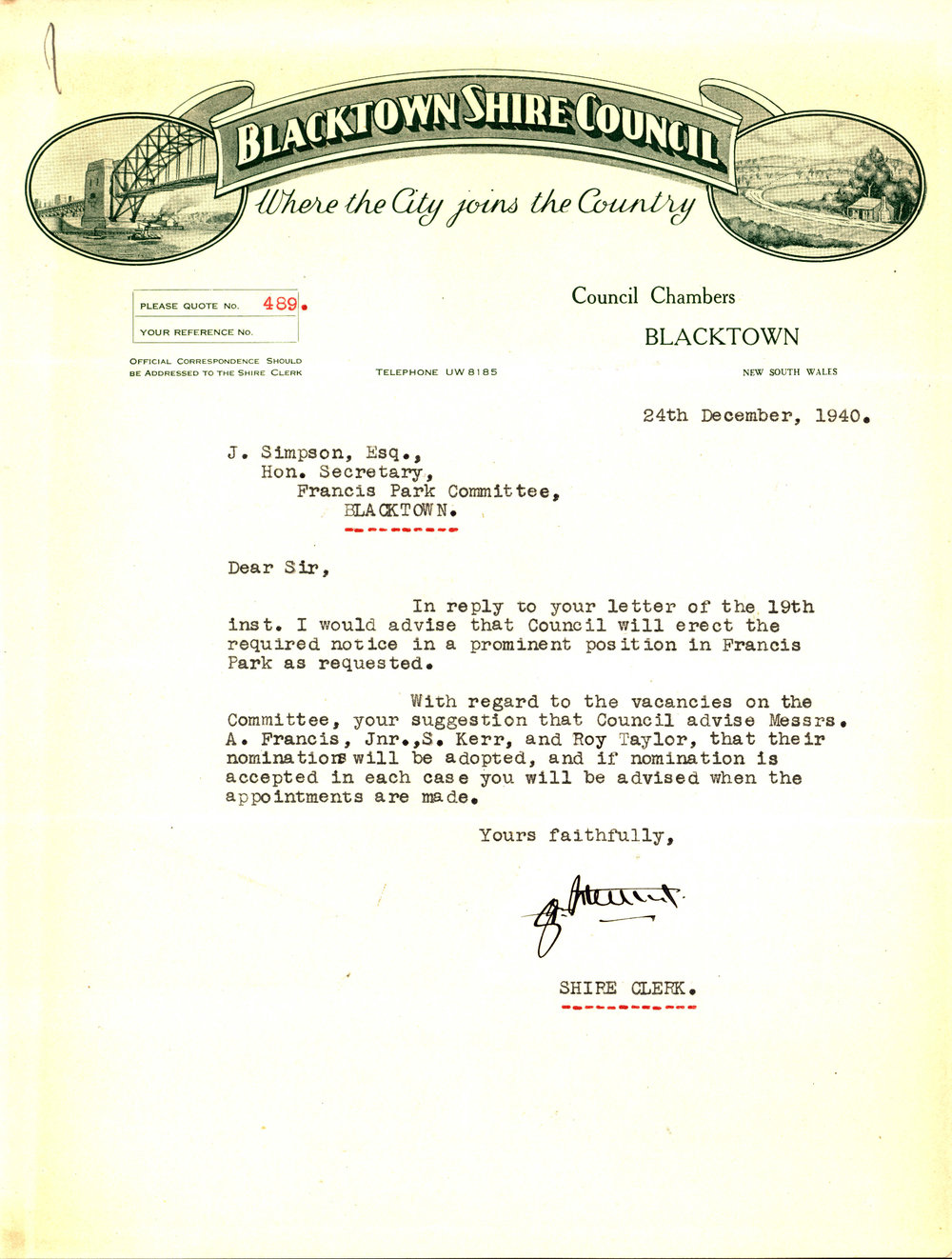 Letter from George Nixon Stewart to James Simpson, 24 December 1940