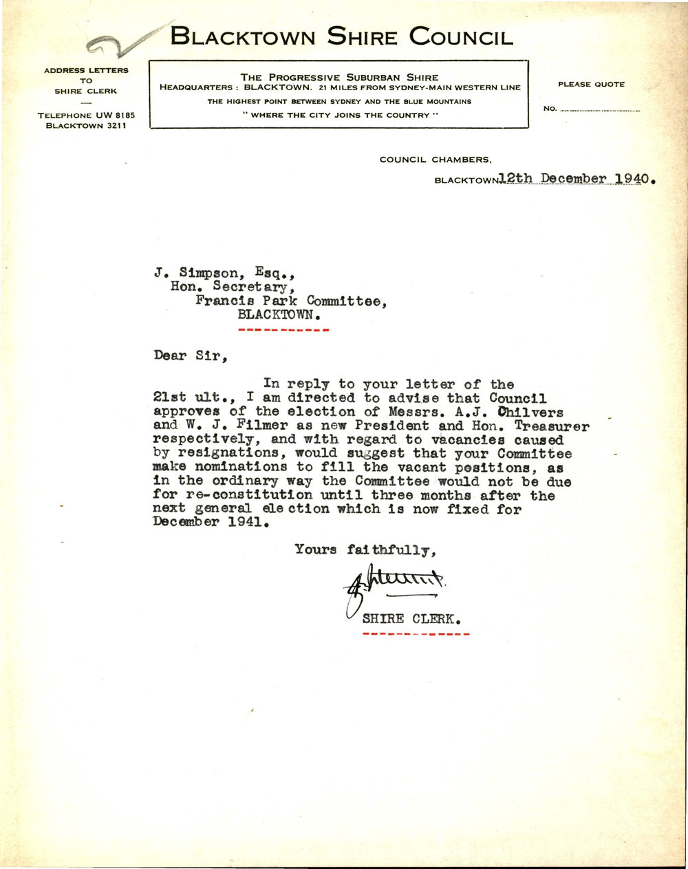 Letter from George Nixon Stewart to James Simpson, 12 Dec 1940