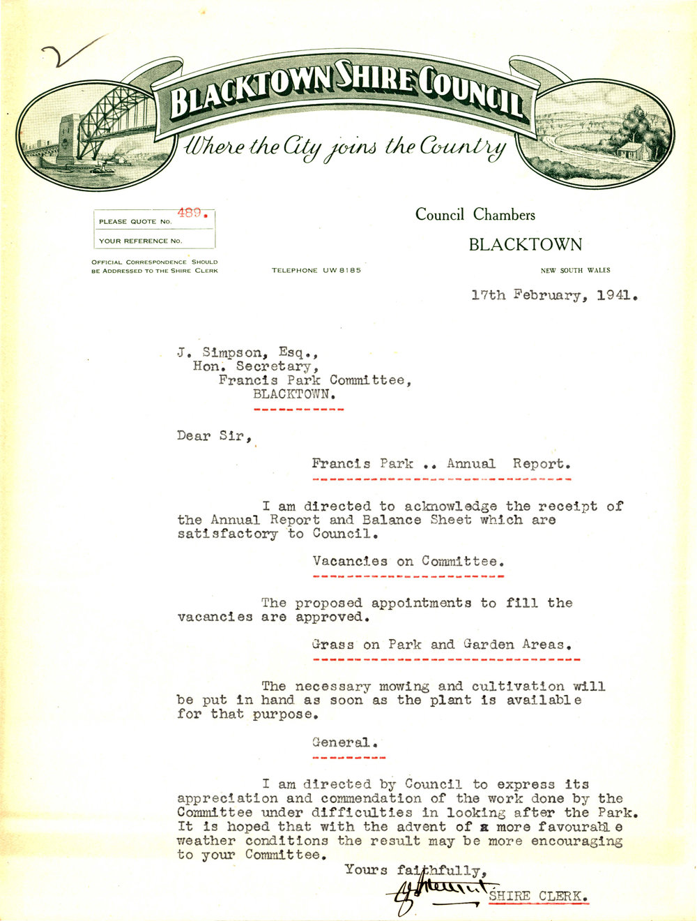 Letter from George Nixon Stewart to James Simpson, 17 February 1941