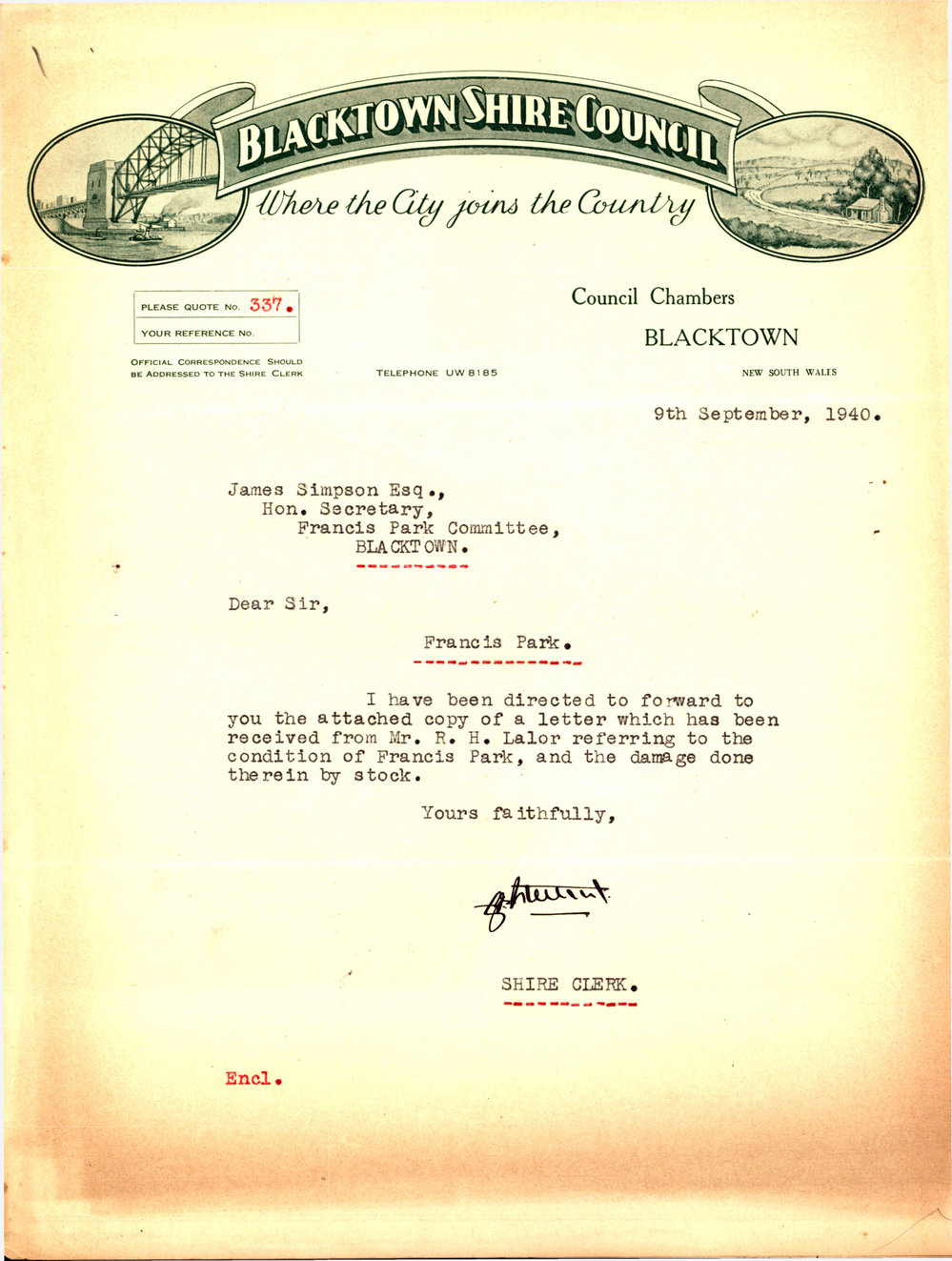 Letter from George Nixon Stewart to James Simpson, 9 Sep 1940