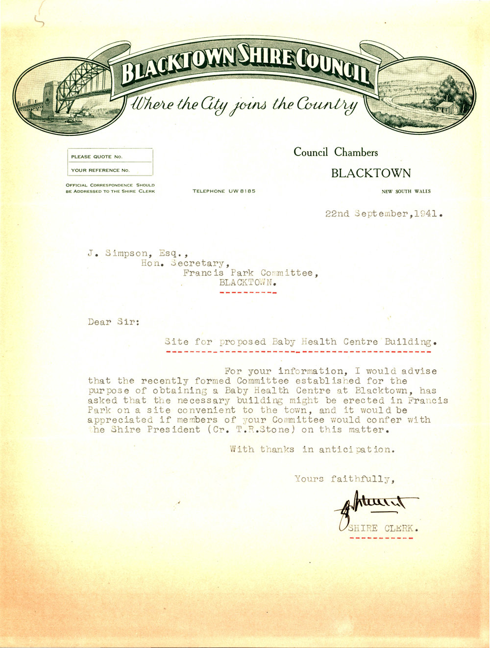 Letter from George Nixon Stewart to James Simpson, 22 September 1941