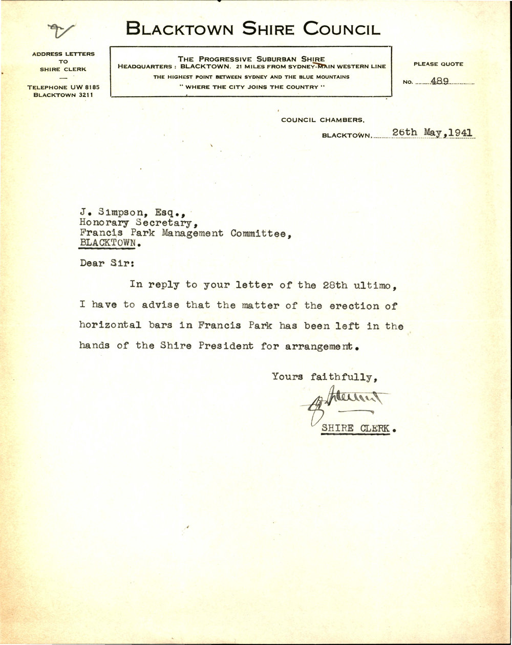 Letter from George Nixon Stewart to James Simpson, 26 May 1941