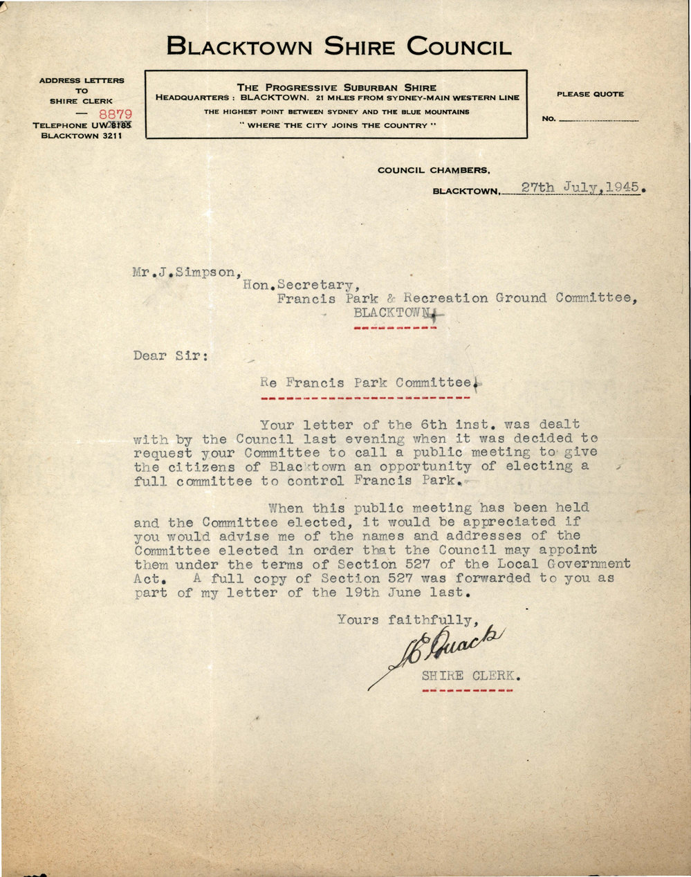 Letter from Herbert Kinder Pollack to James Simpson, 27 July 1945