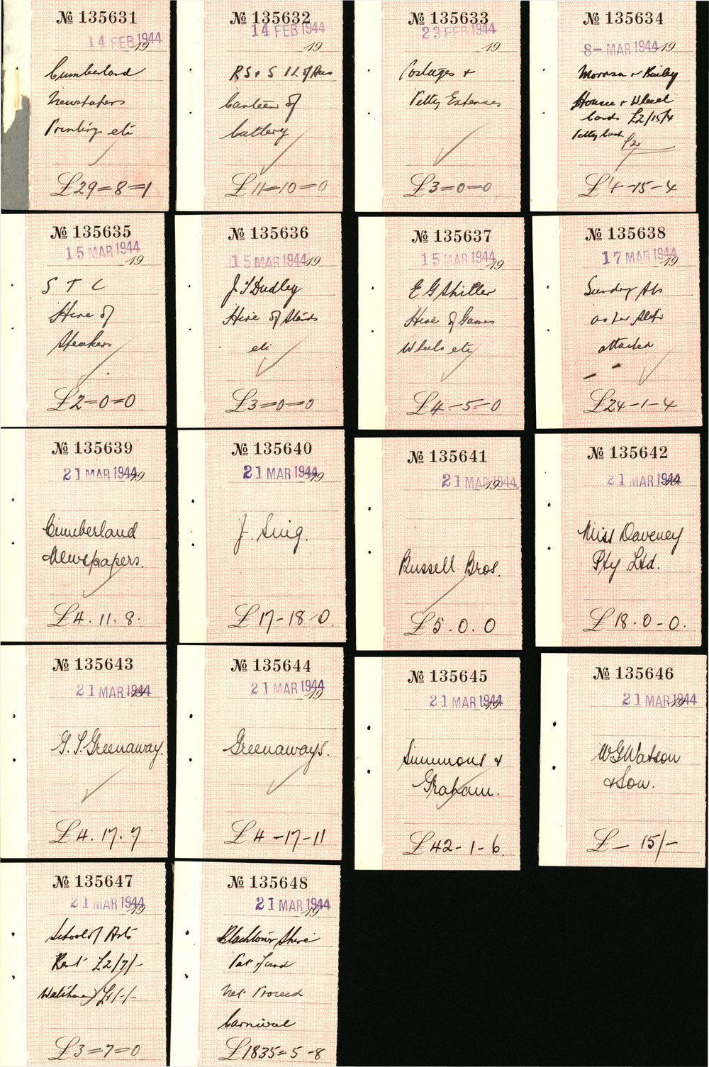 Cheque Stubs, Blacktown Patriotic Fund Committee, 1944