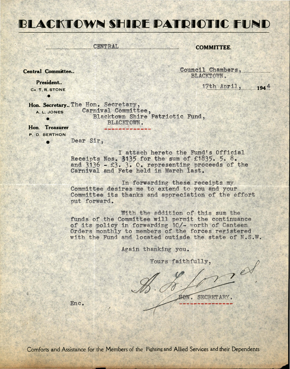 Letter from Blacktown Shire Patriotic Fund Central Committee, 1944