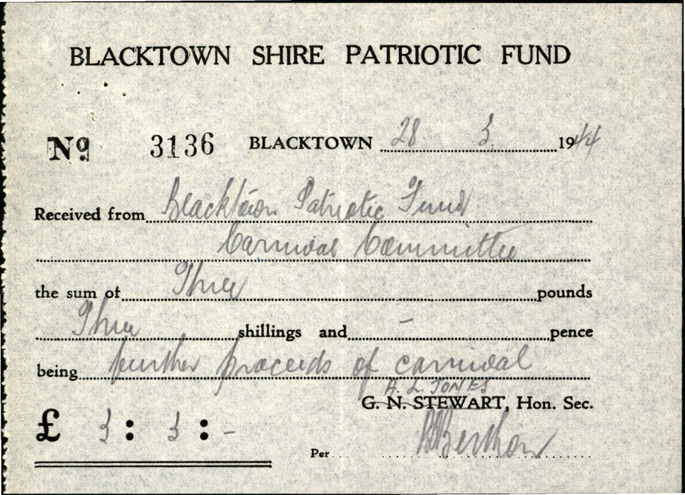 Blacktown Shire Patriotic Fund Receipt, 1944