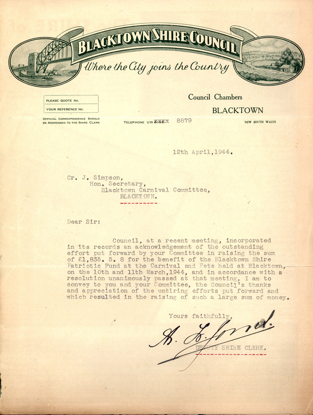 Letter from B L Jones to James Simpson, 12 Apr 1944