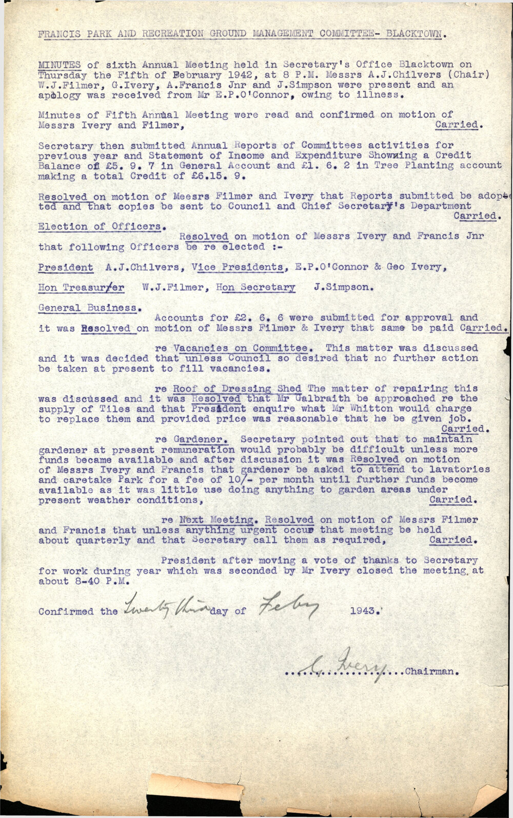 Minutes of the Sixth Annual General Meeting of the Francis Park &amp; Recreation Ground Management Committee, 1942
