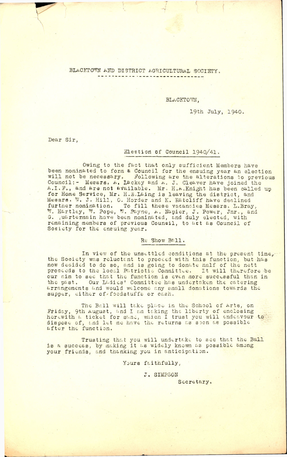 Blacktown and District Agricultural Society Election of Council, 1940
