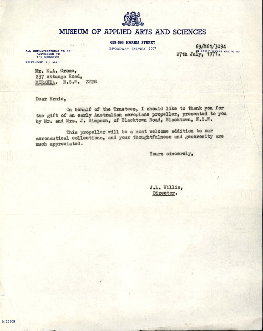 Donation of Aeroplane Propeller to Museum of Applied Arts and Sciences, 1971