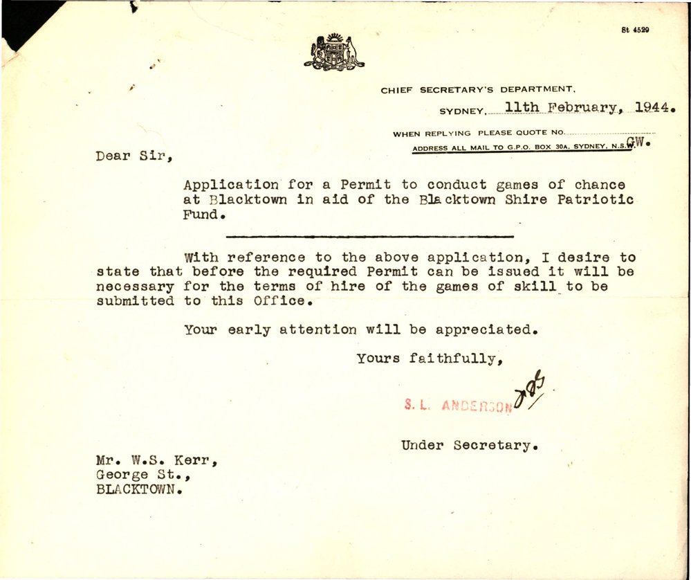 Application for  a permit by Blacktown Shire Patriotic Fund Committee to hold games of Chance, 1944