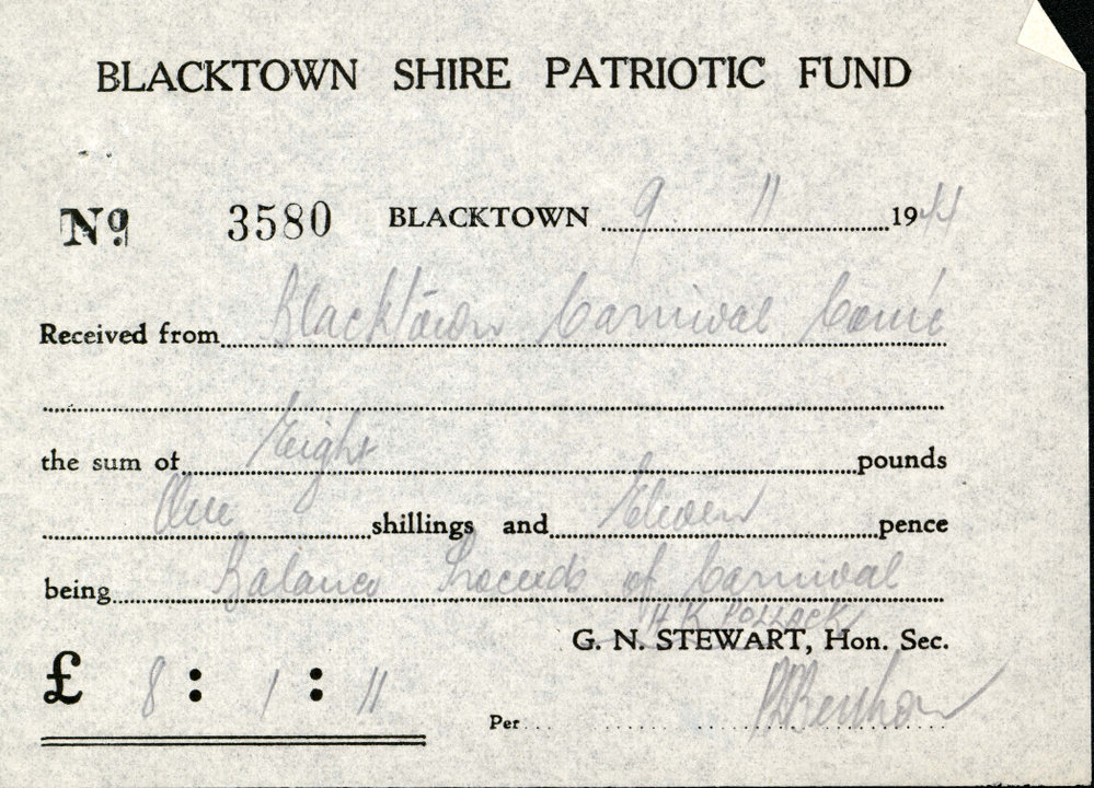 Blacktown Shire Patriotic Fund Receipt, 1944 