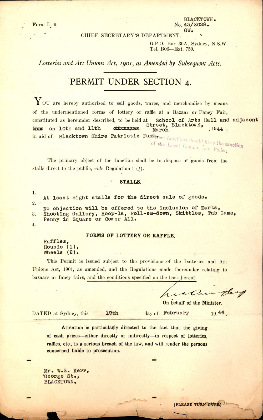 Lotteries and Art Unions Act Permit for Blacktown Patriotic Fund Event, 1944