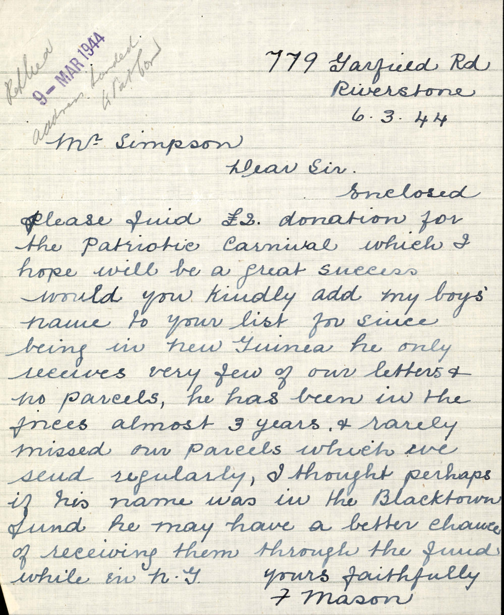 Letter from Frank Mason to James Simpson, 1944
