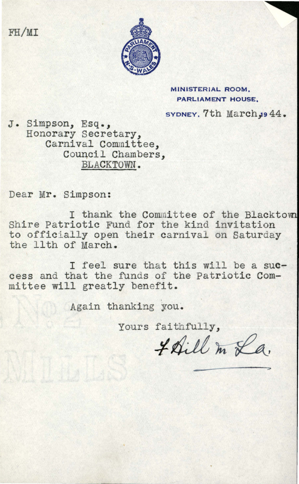 Letter from Frank Hill MLA to James (Jim) Simpson, March 1944