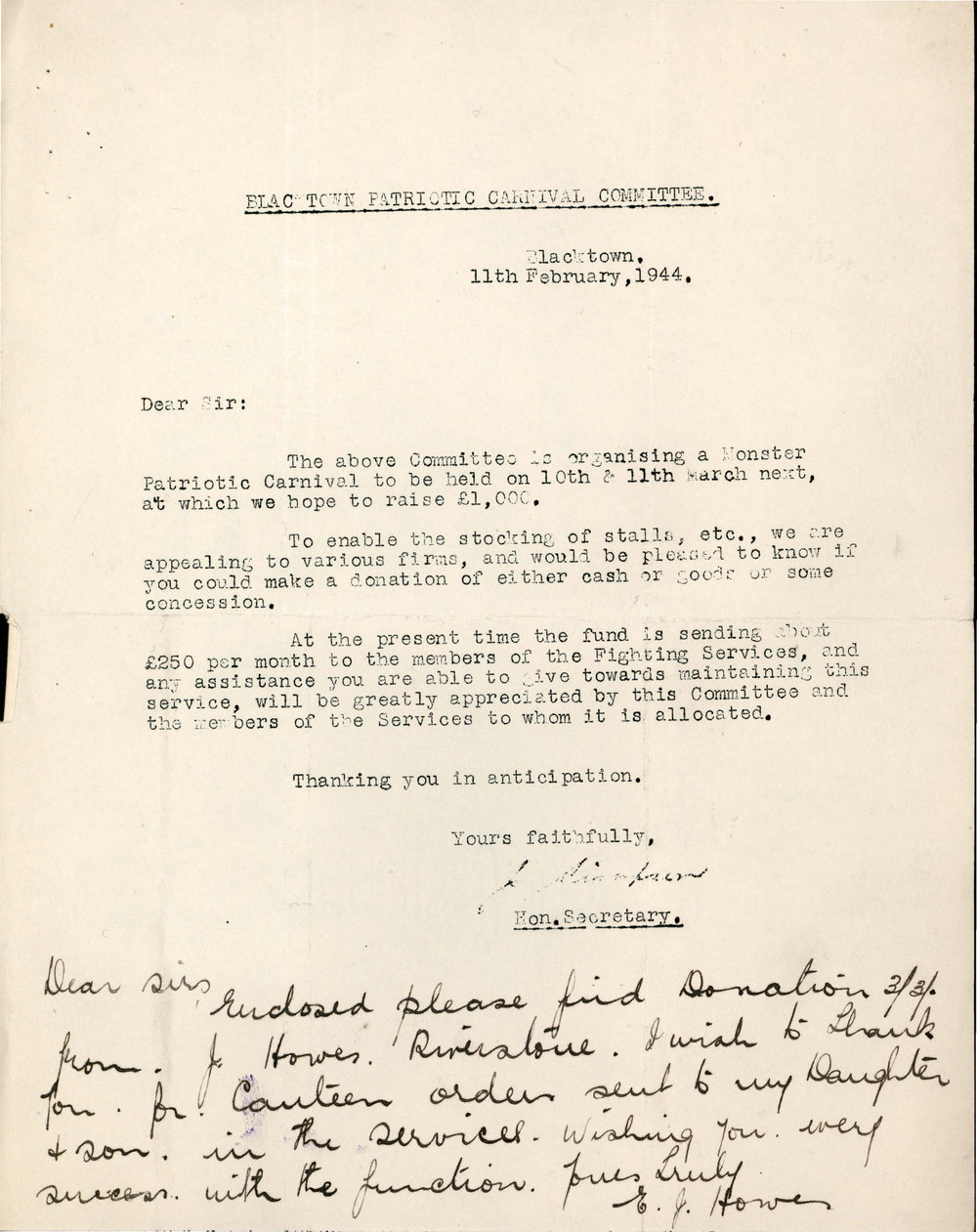 Letter from Blacktown Patriotic Carnival Committee, 1944