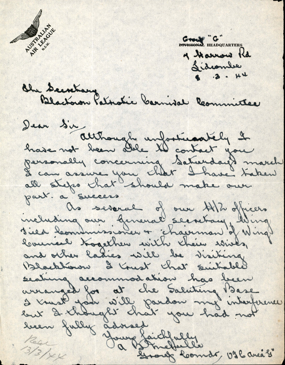 Letter from Group G Headquarters Australian Air League to James (Jim) Simpson, 1944