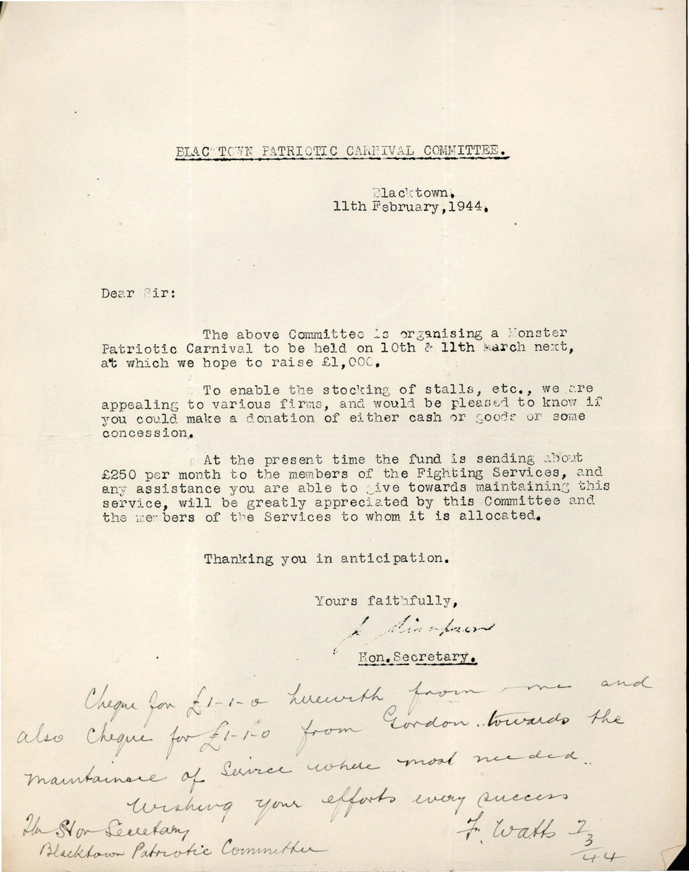 Letter from Blacktown Shire Patriotic Fund Carnival Committee, 1944