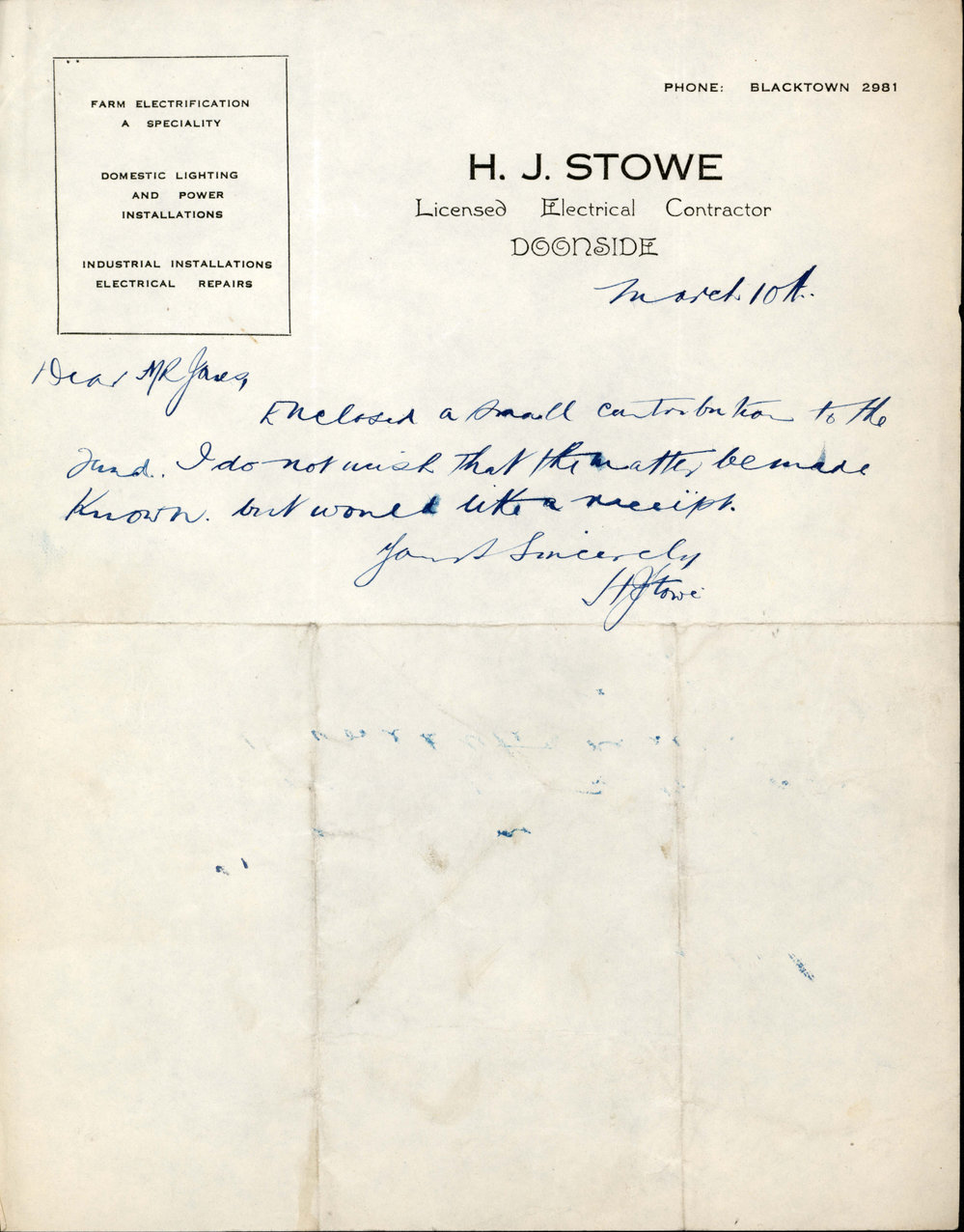 Letter from H J Stowe, 1944